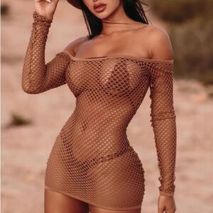 Off-Shoulder Fishnet Mini Dress in Brown